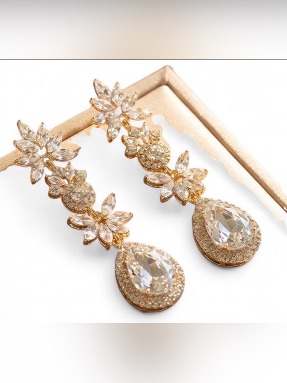 Clear CZ Floral Statement Earrings Gold Tone Teardrop Chandelier Earrings
